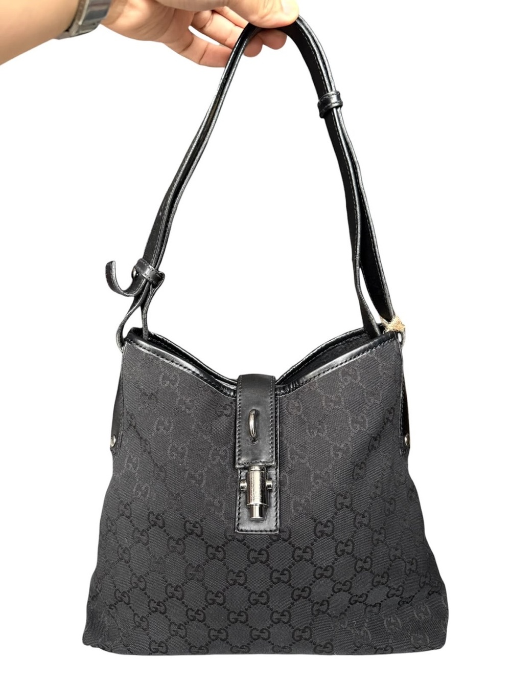 Gucci Piston Black Monogram Shoulder Bag with Silver Hardware